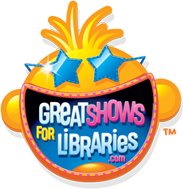 great shows for libraries text in the middle of a yellow cartoons mouth that's wearing star glasses