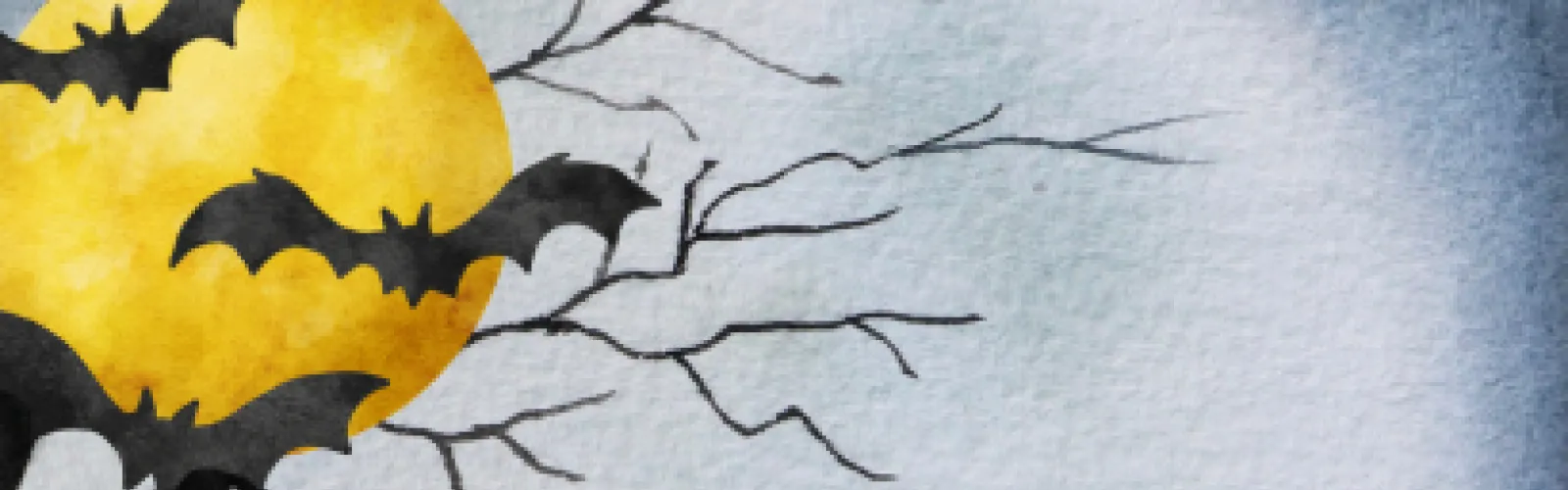 yellow moon with black bats and a grey sky and branches