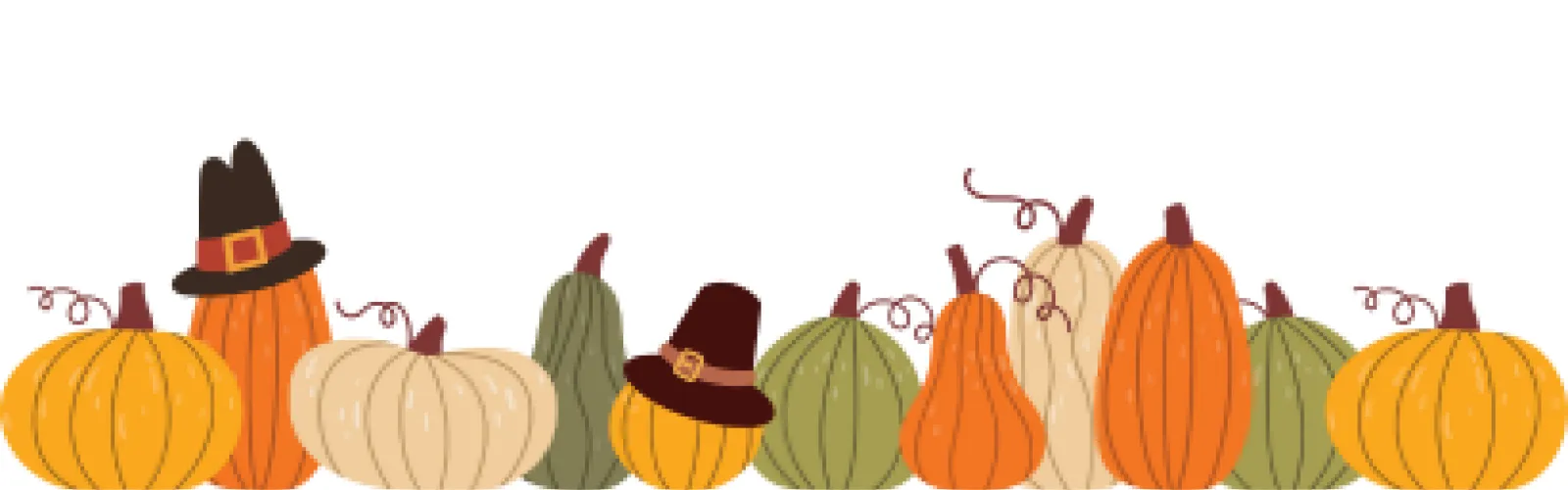 row of pumpkins with a couple pilgrim hats