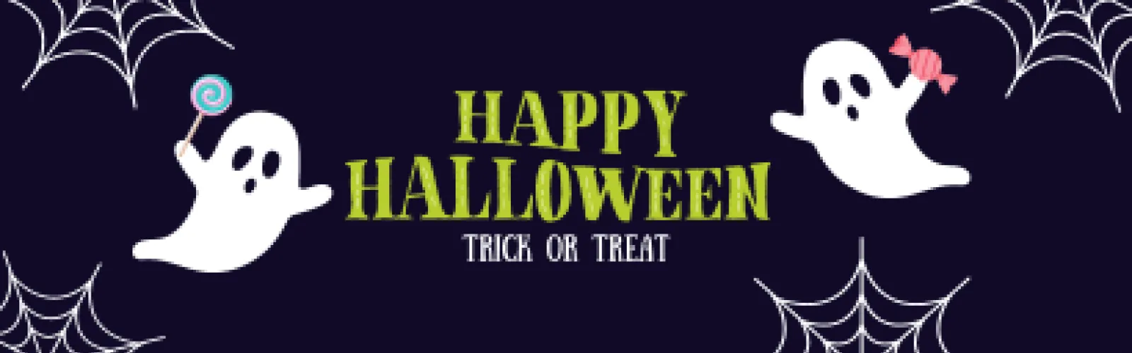 Happy Halloween Trick or Treat 2 ghosts holding candy with white spiderwebs on a dark blue/purple background